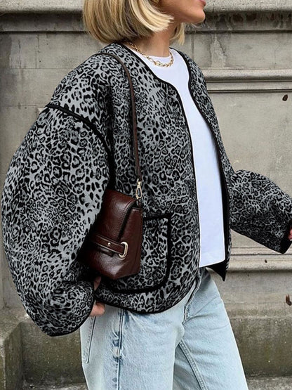 Perfee Leopard Open Front Long Sleeve Jacket-Angel Casuals