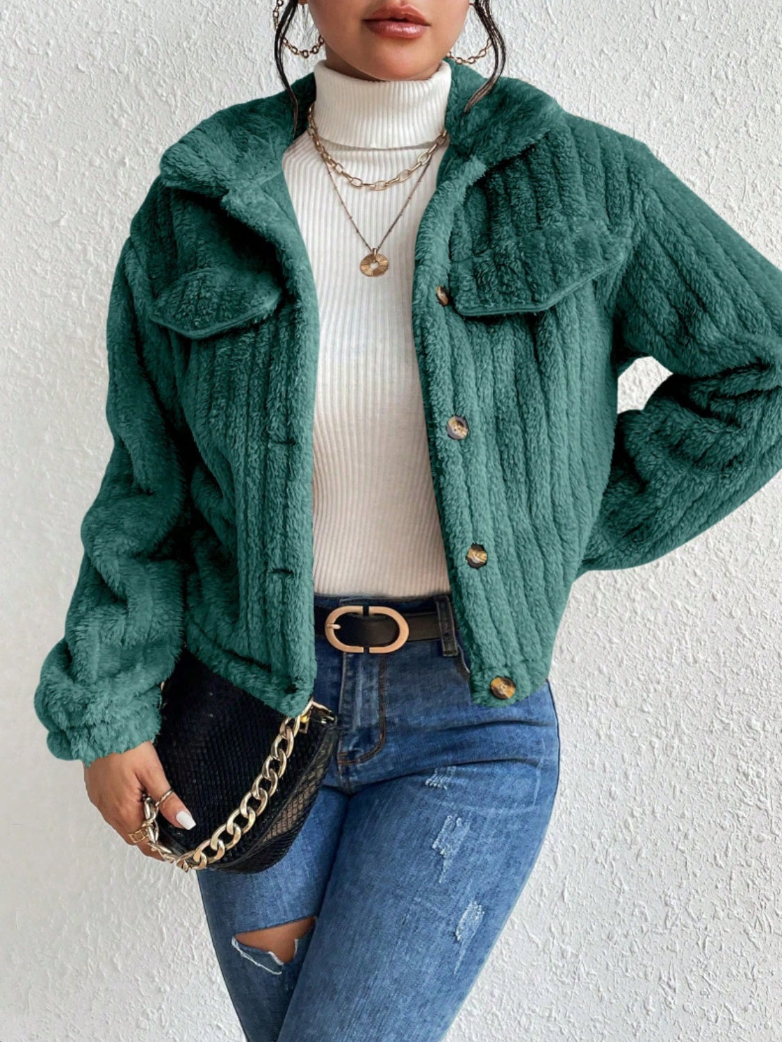 Fuzzy Button Up Collared Neck Jacket-Angel Casuals
