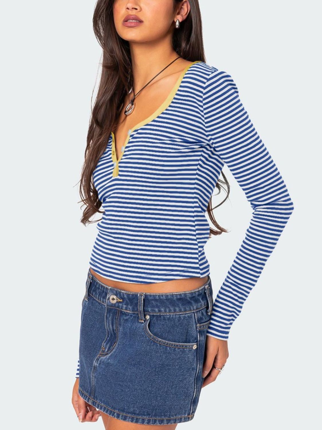 Buttoned Striped Long Sleeve T-Shirt-Angel Casuals