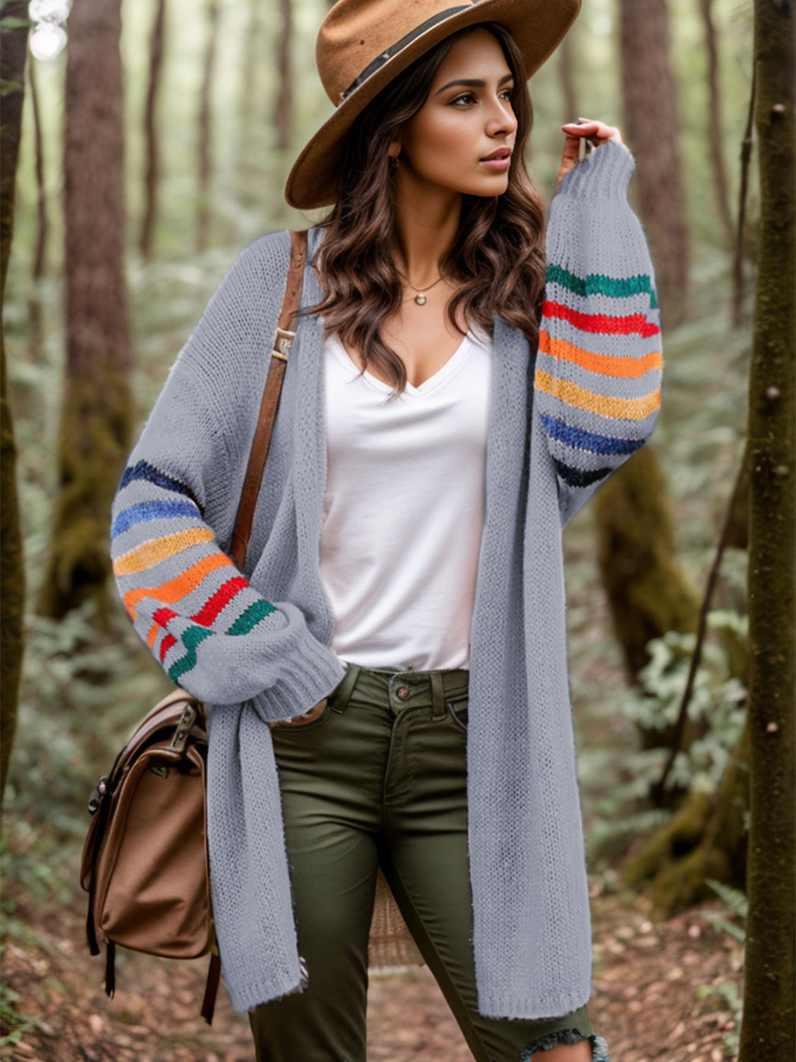 Striped Open Front Long Sleeve Cardigan-Angel Casuals
