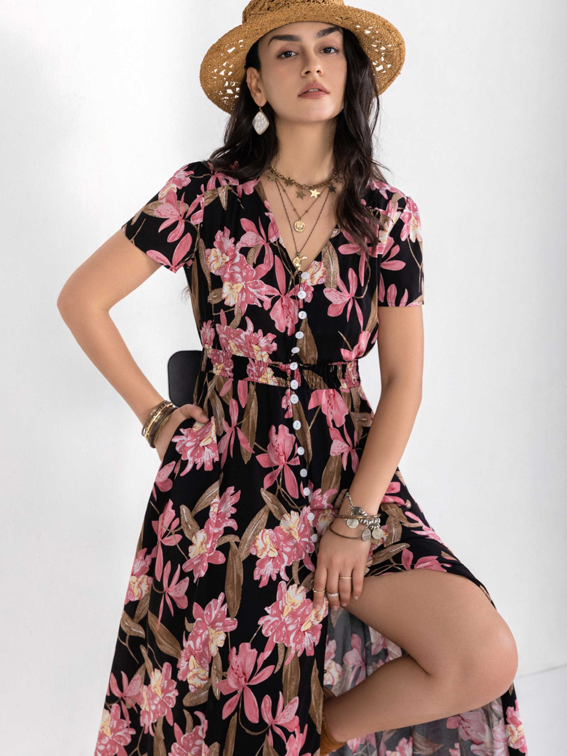 Floral V-Neck Slit Dress-Angel Casuals