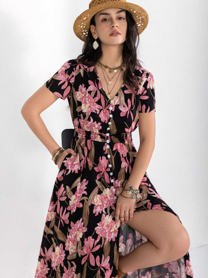 Floral V-Neck Slit Dress-Angel Casuals