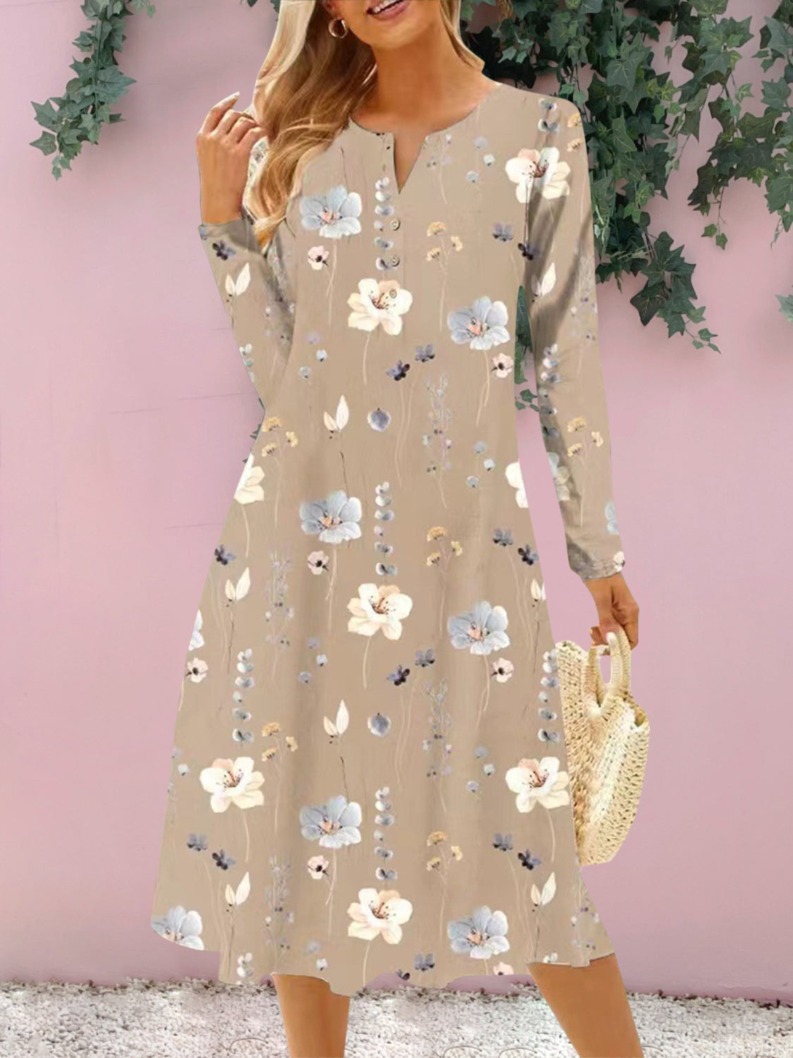 Floral Notched Long Sleeve Midi Dress-Angel Casuals