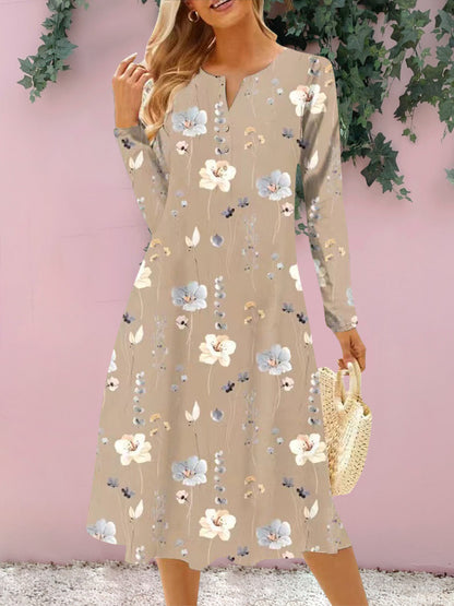 Floral Notched Long Sleeve Midi Dress-Angel Casuals