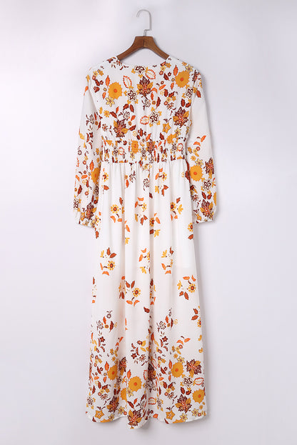 Floral V-Neck Long Sleeve Maxi Dress-Angel Casuals