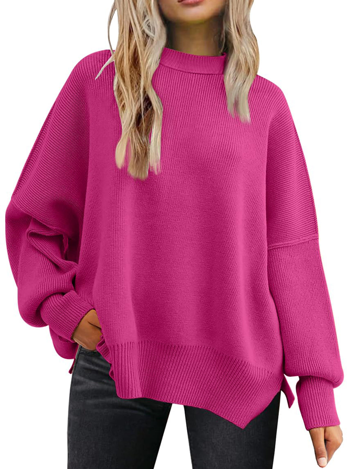 Slit Round Neck Dropped Shoulder Sweater-Angel Casuals