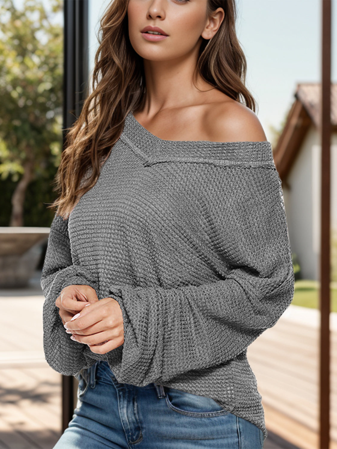 Dropped Shoulder Long Sleeve Knit Top-Angel Casuals