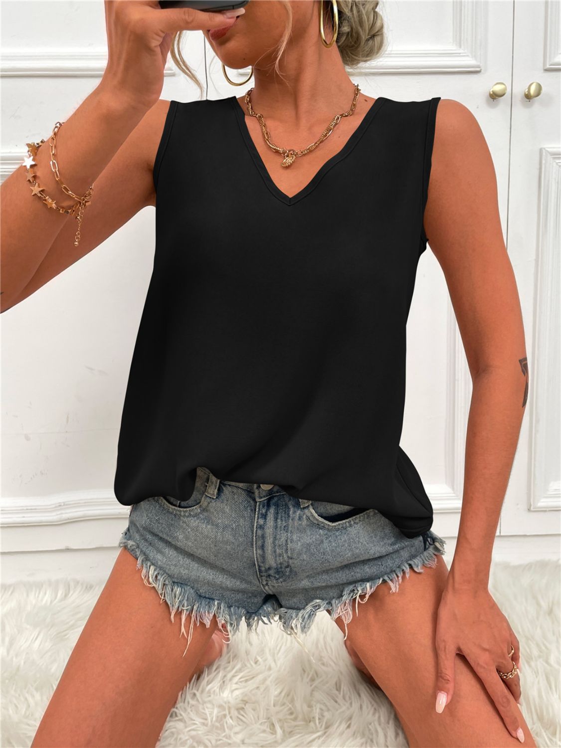 V-Neck Curved Hem Tunic Tank-Angel Casuals