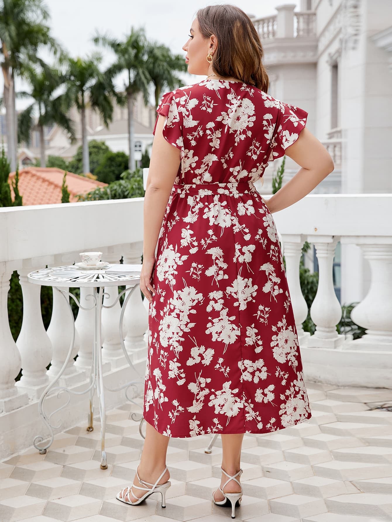 Plus Size Floral Tie Waist Surplice Neck Midi Dress-Angel Casuals