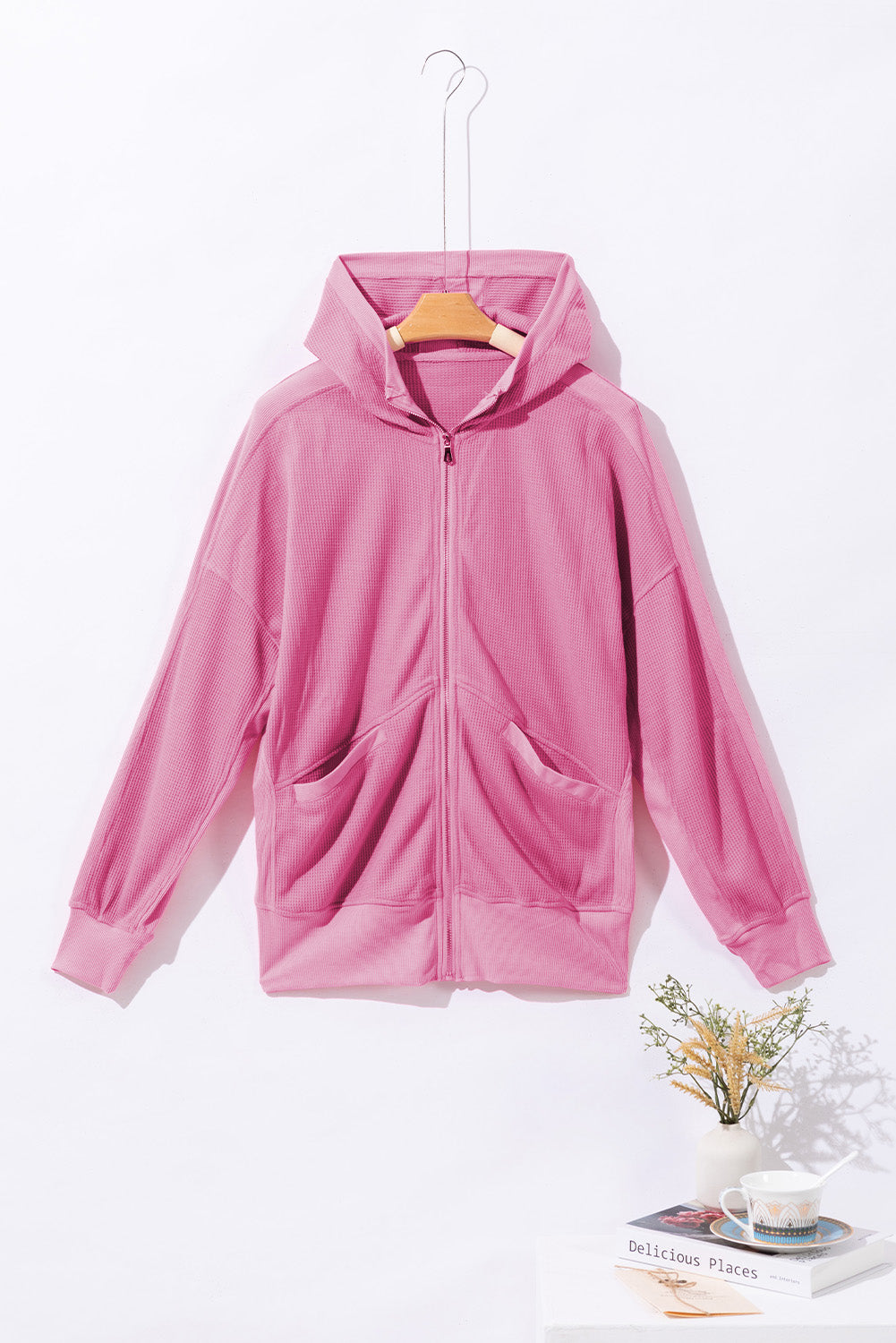 Waffle-Knit Pocketed Zip Up Hooded Jacket-Angel Casuals