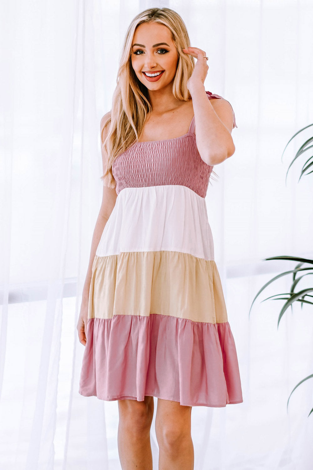 Color Block Tie Shoulder Tiered Dress-Angel Casuals