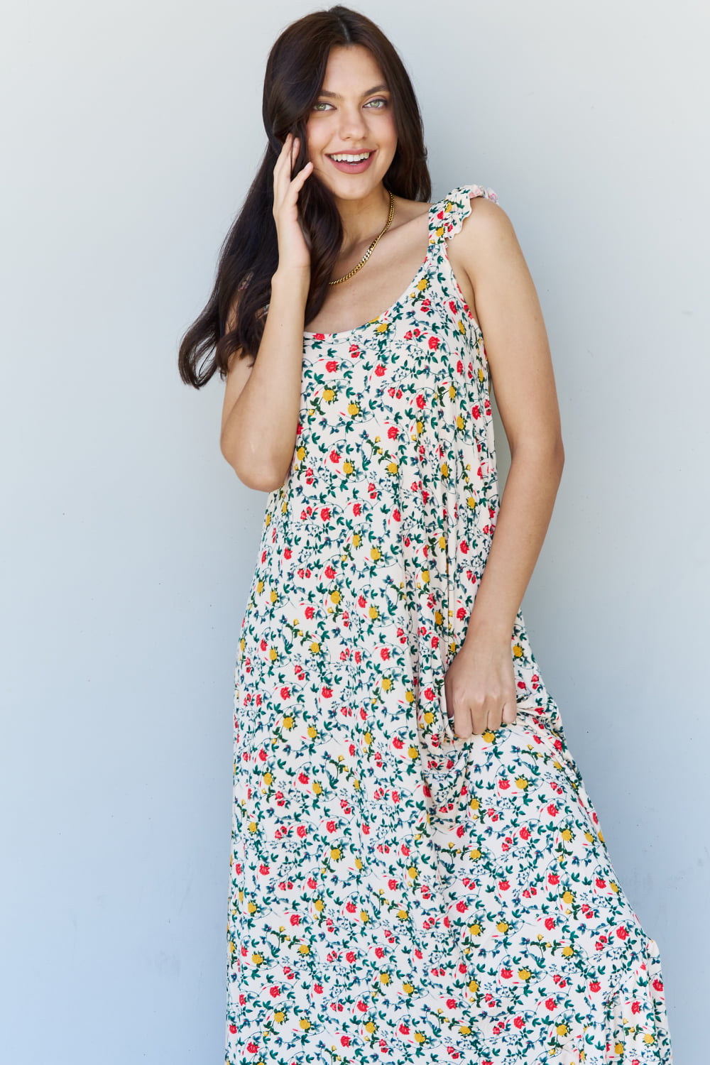 Doublju In The Garden Ruffle Floral Maxi Dress in Natural Rose-Angel Casuals