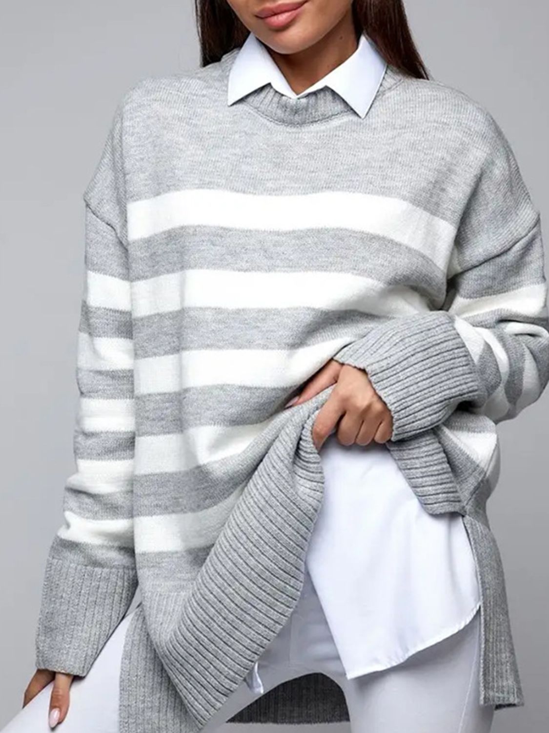 Slit Striped Round Neck Sweater-Angel Casuals