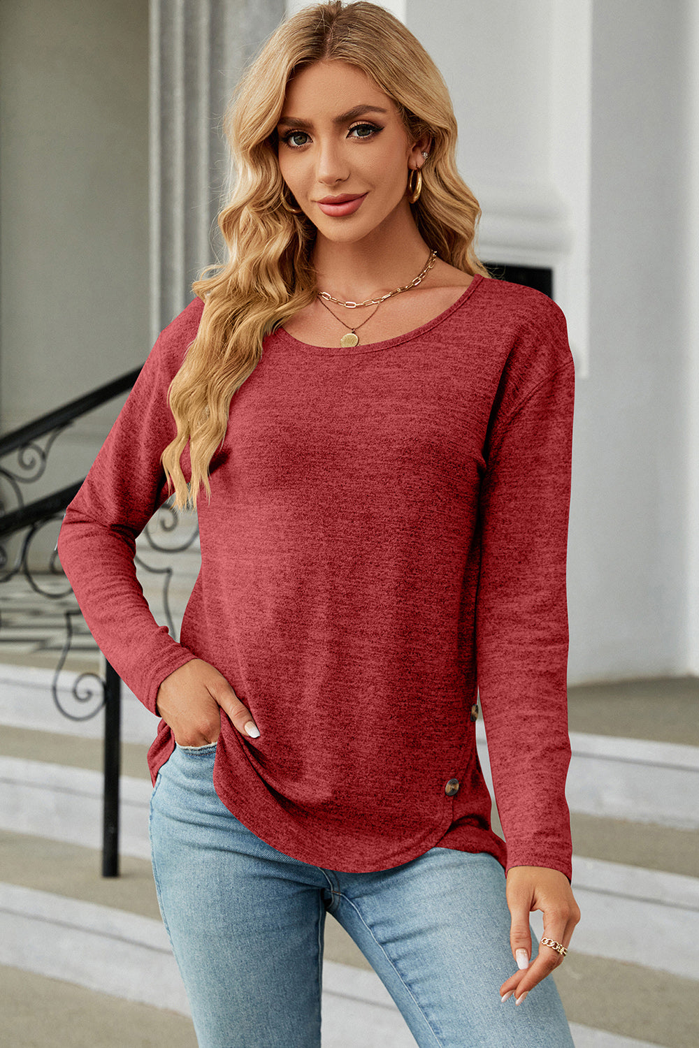 Round Neck Long Sleeve T-Shirt-Angel Casuals
