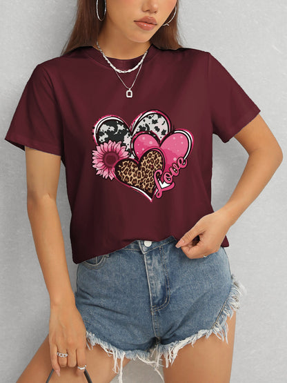 Heart Round Neck Short Sleeve T-Shirt-Angel Casuals