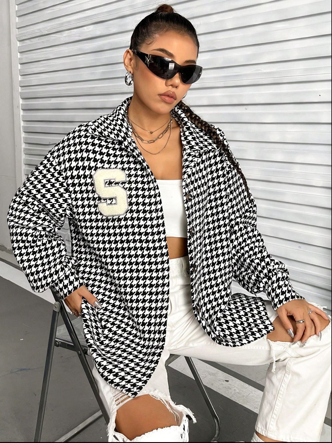 Houndstooth Button Down Long Sleeve Shacket-Angel Casuals
