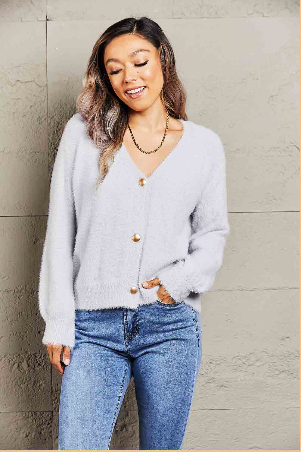 Fuzzy Long Sleeve Button Down Cardigan-Angel Casuals