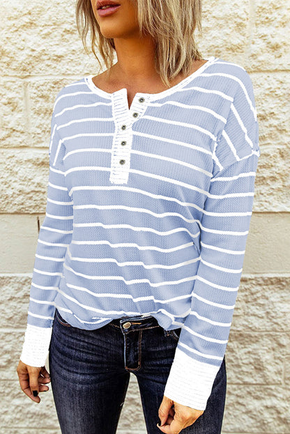 Striped Waffle Knit Henley Long Sleeve Top-Angel Casuals