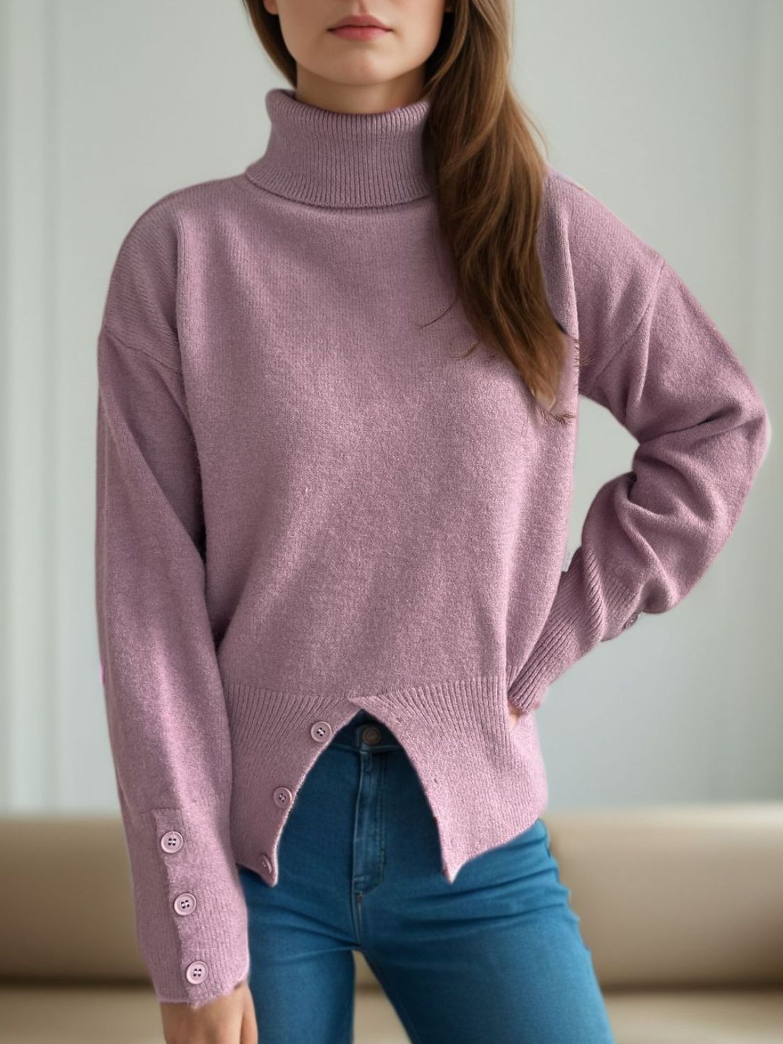 Front Slit Decorative Button Turtleneck Sweater-Angel Casuals