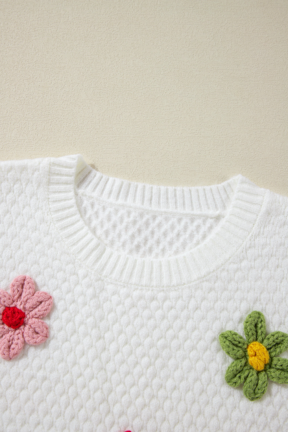 Crochet Flower Round Neck Long Sleeve Sweater-Angel Casuals