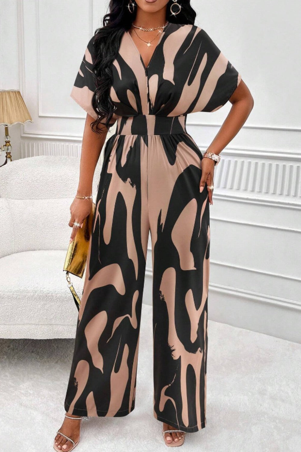 Printed V-Neck Short Sleeve Wide Leg Jumpsuit-Angel Casuals