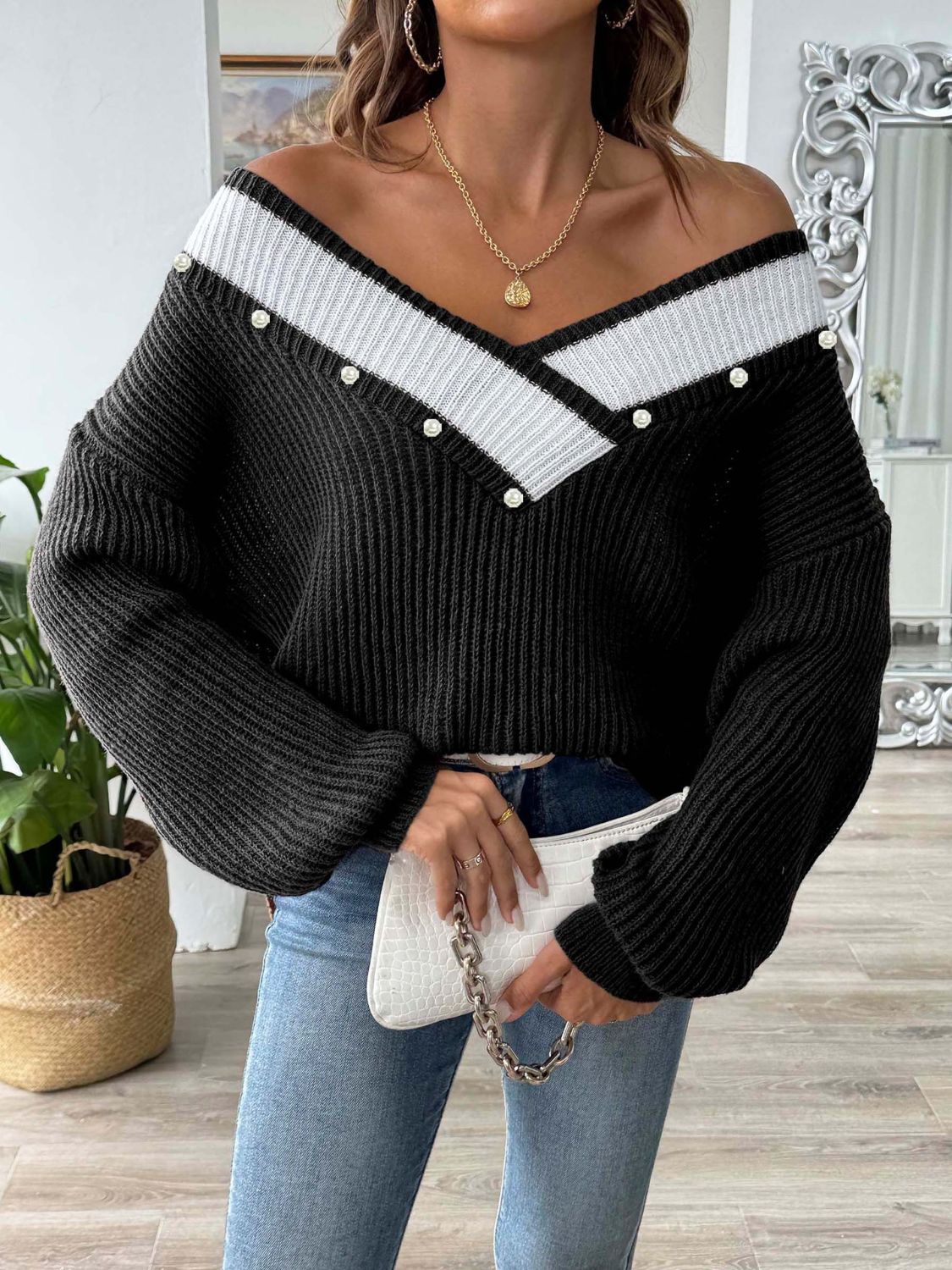 Contrast Trim Dropped Shoulder Long Sleeve Sweater-Angel Casuals