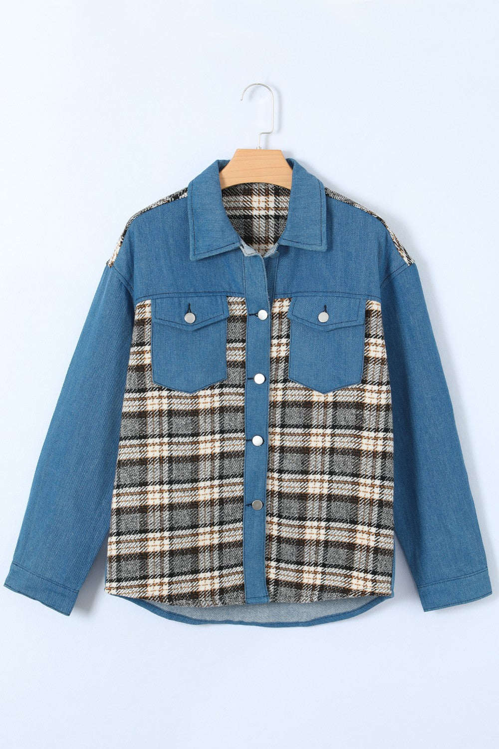 Plaid Pocketed Button Up Denim Jacket-Angel Casuals