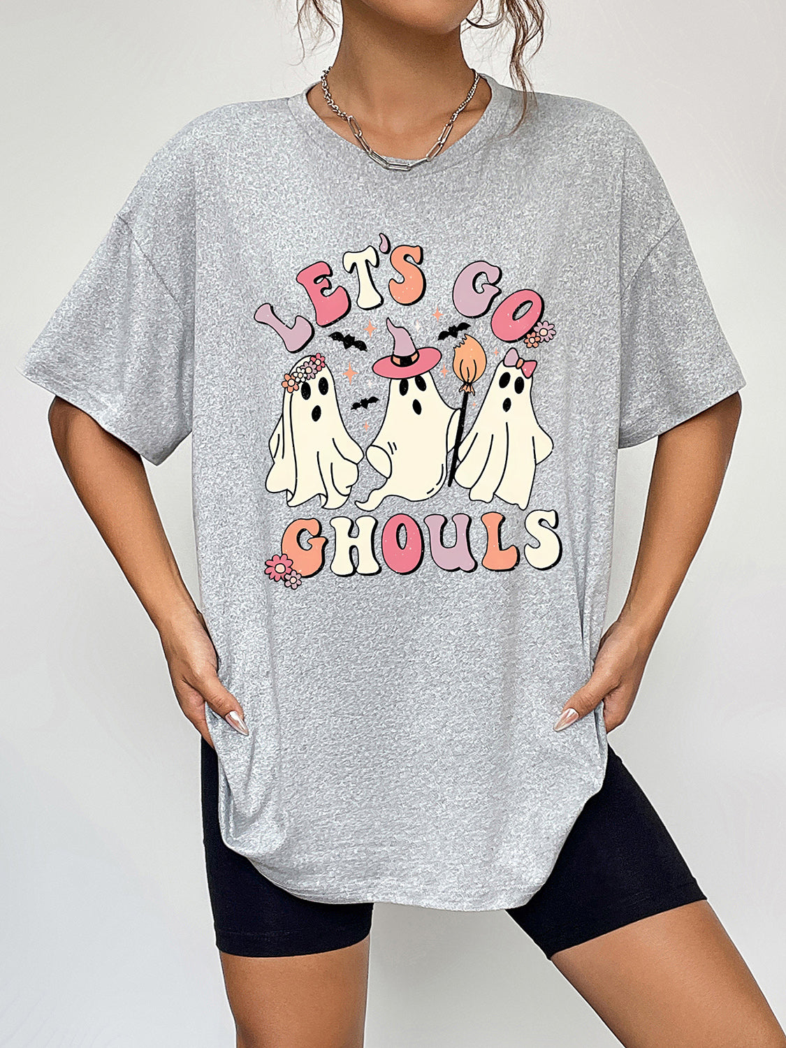 Round Neck Short Sleeve LET'S GO GHOULS Graphic T-Shirt-Angel Casuals