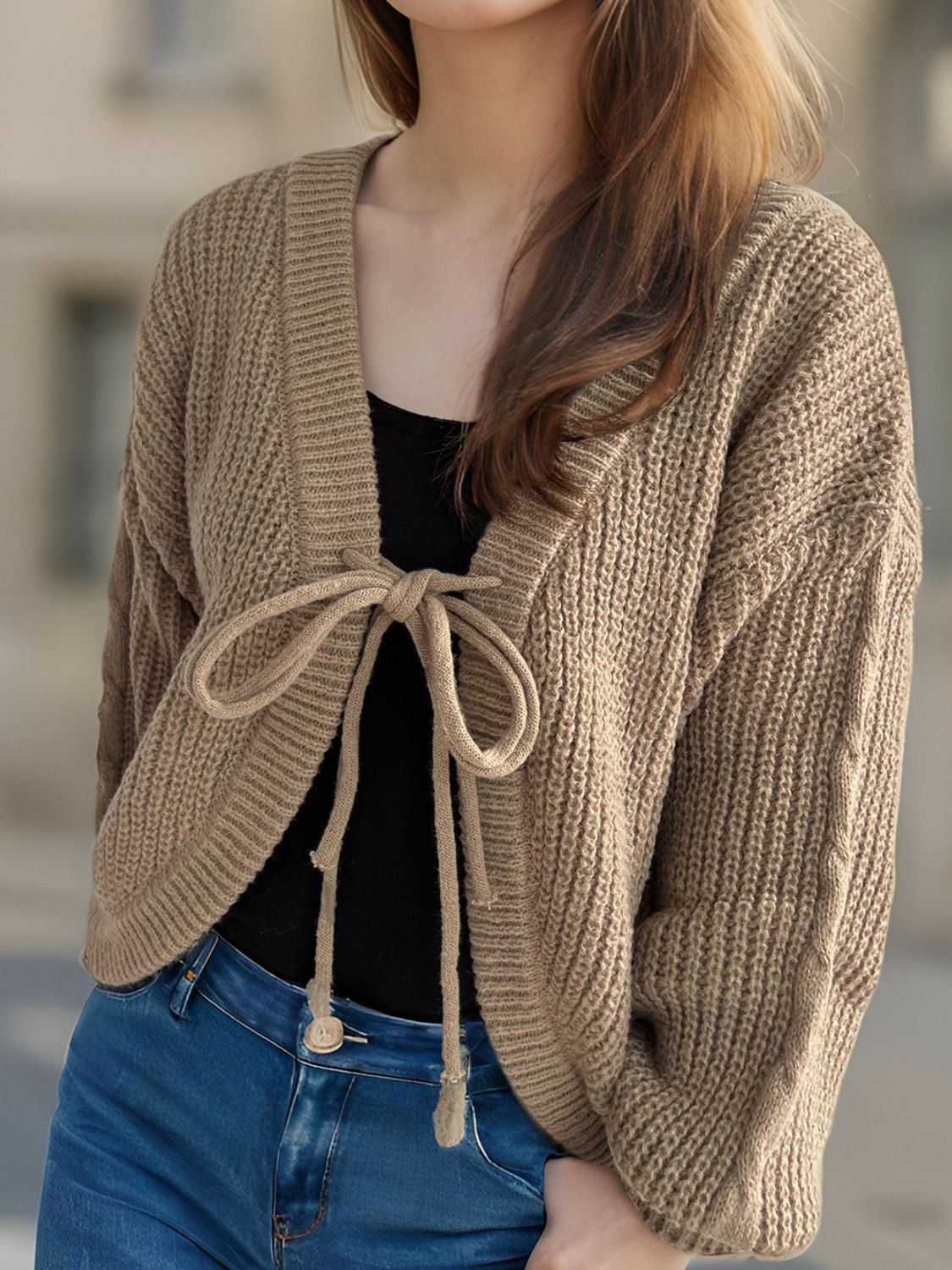 Tied Dropped Shoulder Long Sleeve Cardigan-Angel Casuals