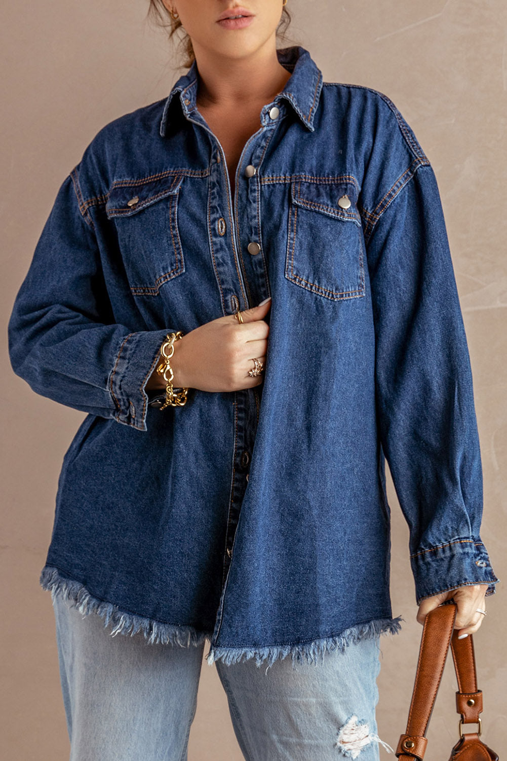 Button Up Pocketed Raw Hem Denim Jacket-Angel Casuals