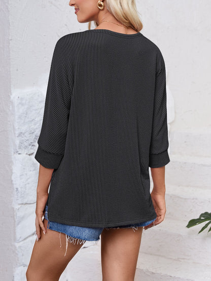 Textured Round Neck Three-Quarter Sleeve Blouse-Angel Casuals