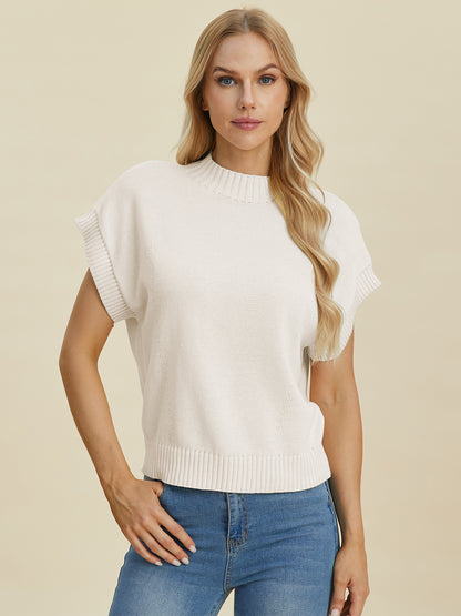 Double Take Full Size Mock Neck Short Sleeve Sweater-Angel Casuals