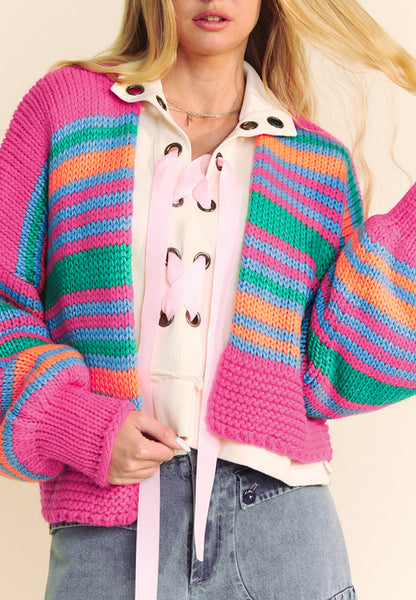 Contrast Striped Open Front Long Sleeve Cardigan-Angel Casuals