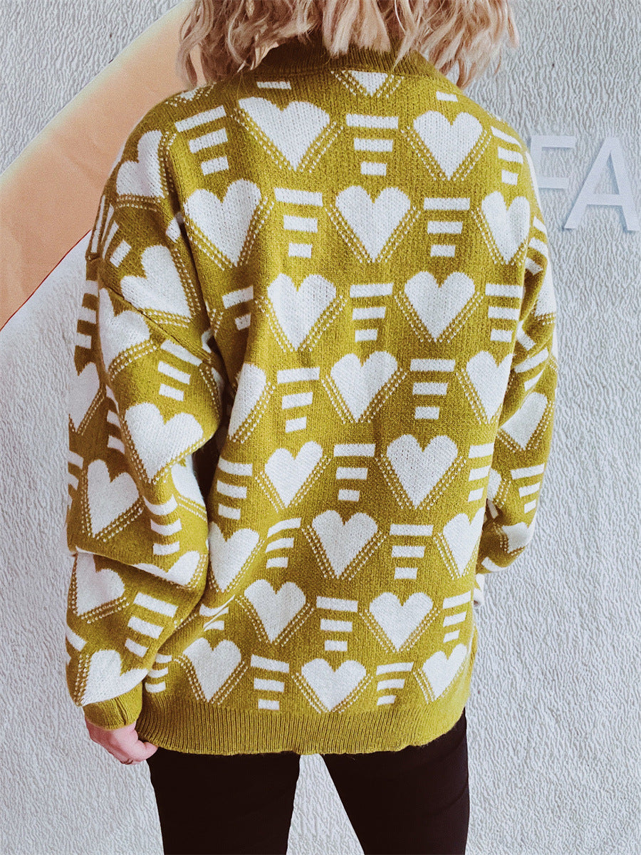 Heart Contrast Long Sleeve Dropped Shoulder Sweater-Angel Casuals