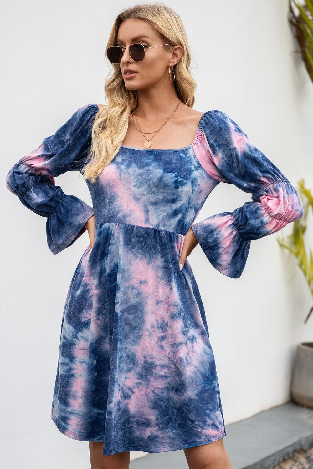 Tie-Dye Square Neck Flounce Sleeve Dress-Angel Casuals