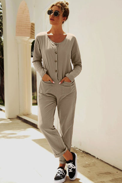 Buttoned Drop Shoulder Pocket Jumpsuit-Angel Casuals