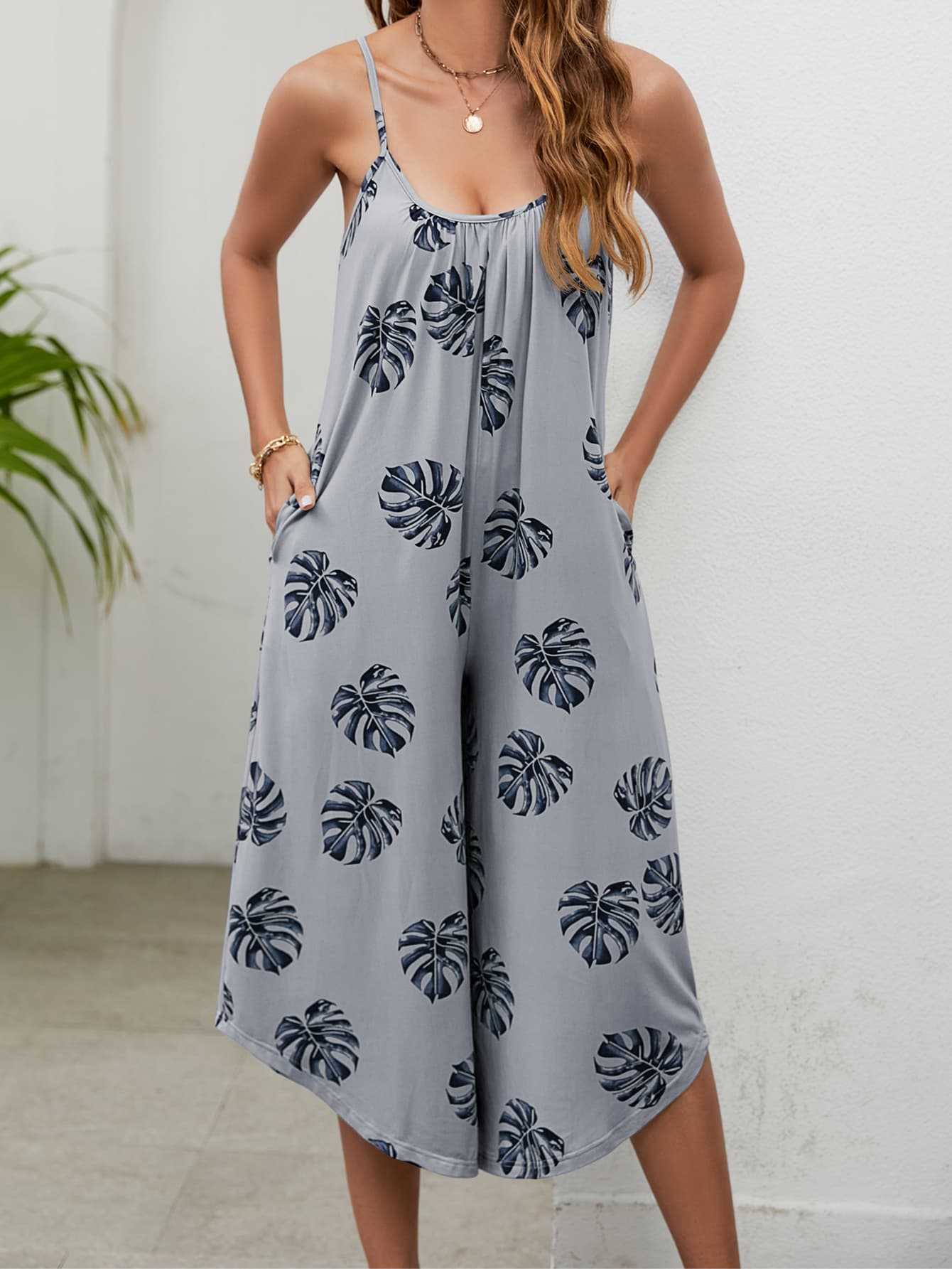 Botanical Print Spaghetti Strap Scoop Neck Jumpsuit-Angel Casuals