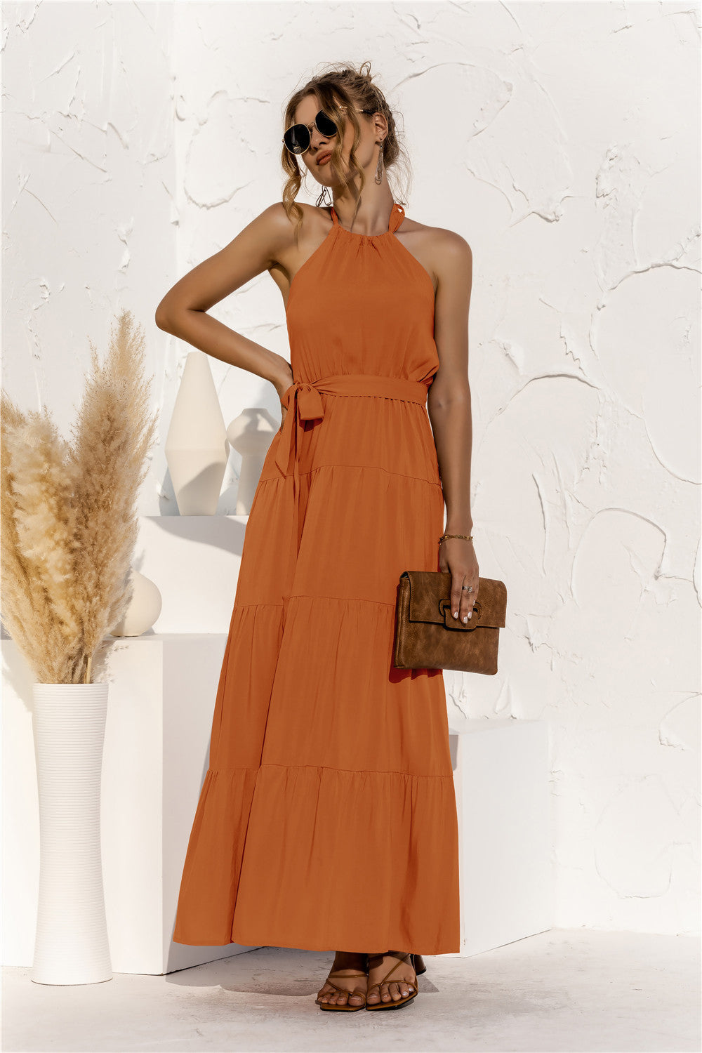 Halter Neck Tie Waist Tiered Maxi Dress-Angel Casuals