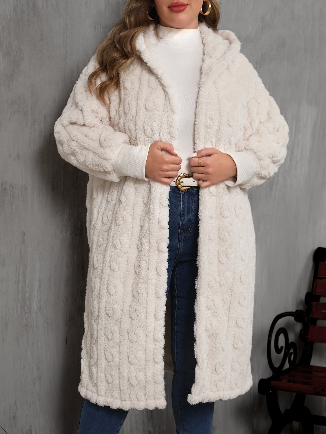 Plus Size Open Front Hooded Plush Coat-Angel Casuals