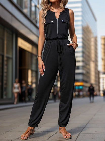 Half Zip Sleeveless Jumpsuit with Pockets-Angel Casuals