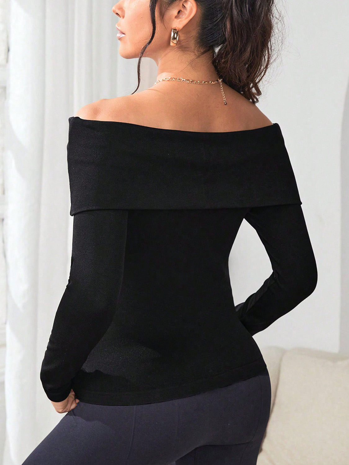 Off-Shoulder Long Sleeve Knit Top-Angel Casuals