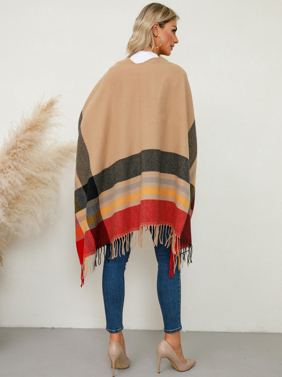 Fringe Contrast Plaid Poncho-Angel Casuals