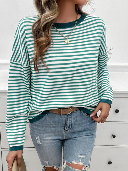 Devine Striped Round Neck Dropped Shoulder Sweater-Angel Casuals