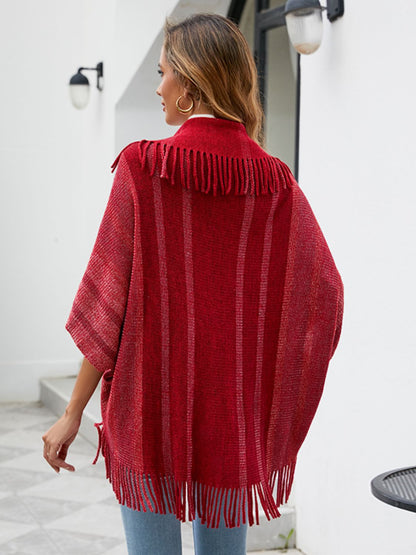 Fringe Detail Open Front Poncho-Angel Casuals