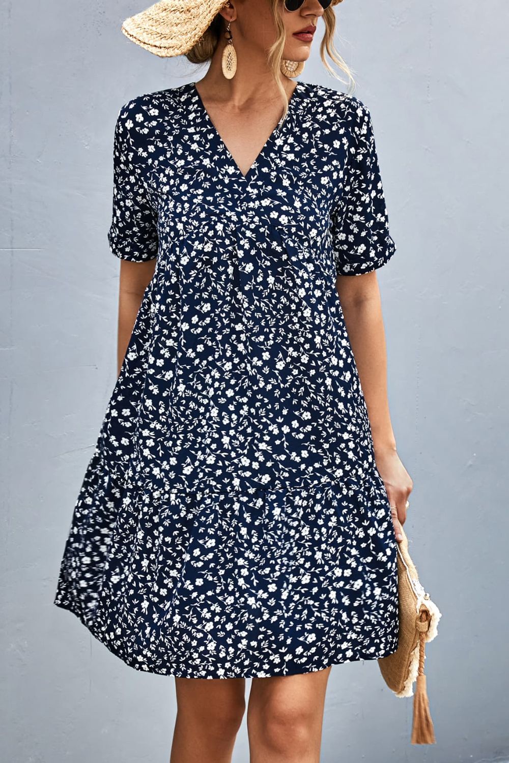 Ditsy Floral Empire Waist Plunge Short Sleeve Dress-Angel Casuals