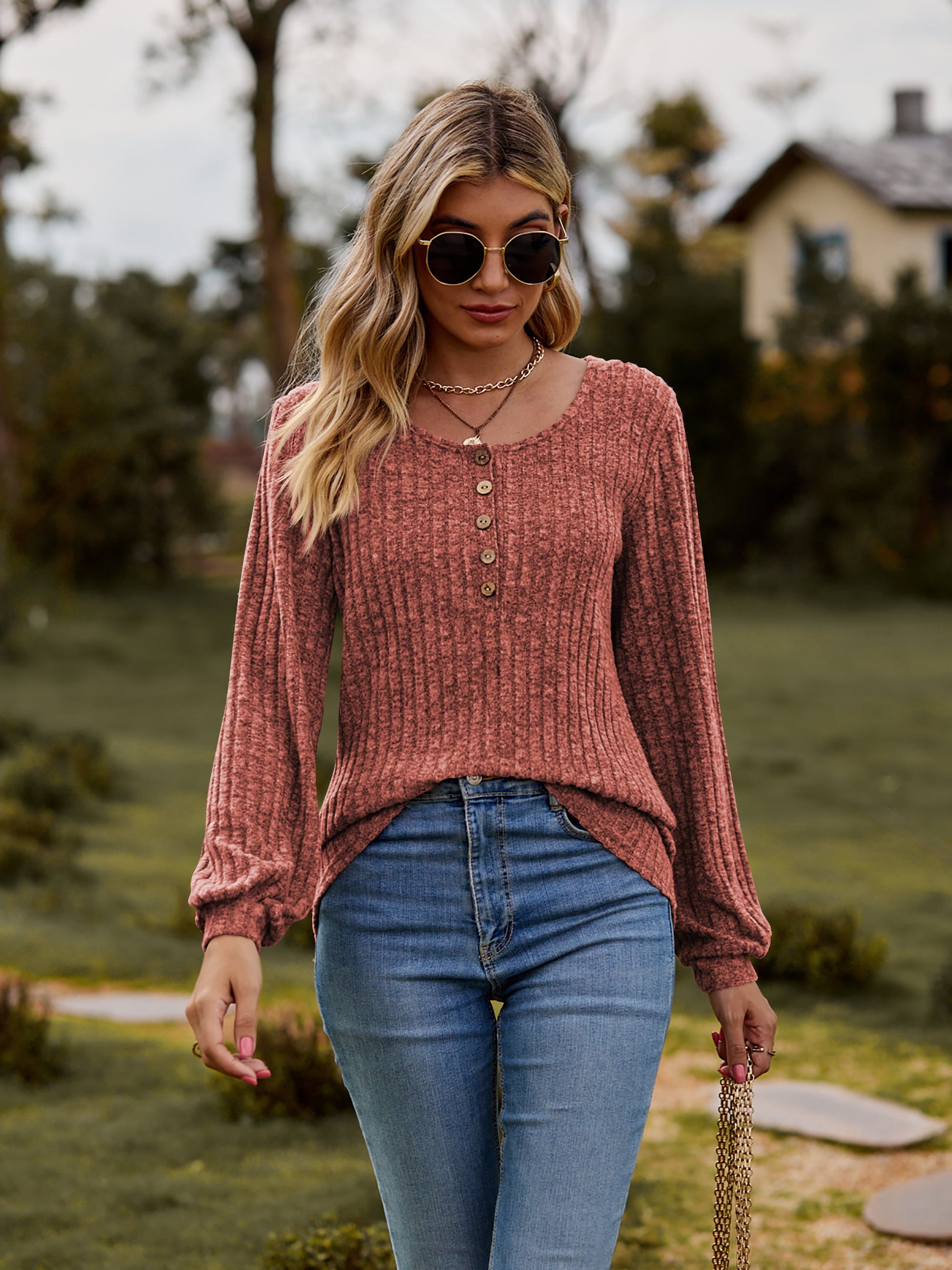 Round Neck Button-Down Long Sleeve Tee-Angel Casuals