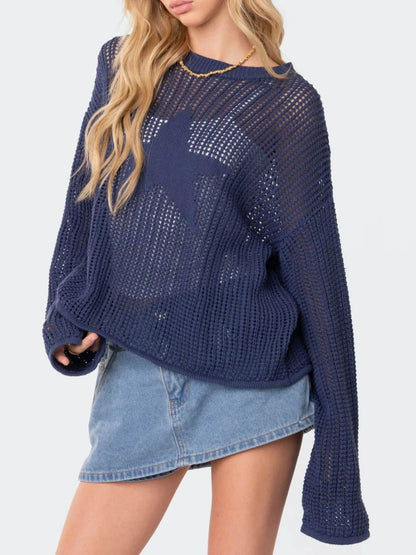 Star Round Neck Long Sleeve Knit Top-Angel Casuals