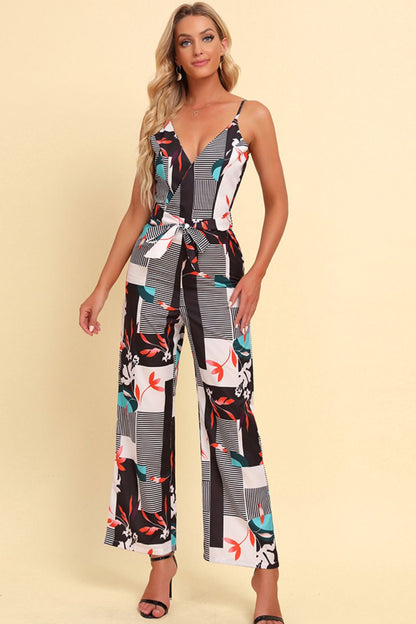 Printed Spaghetti Strap Tied Jumpsuit-Angel Casuals