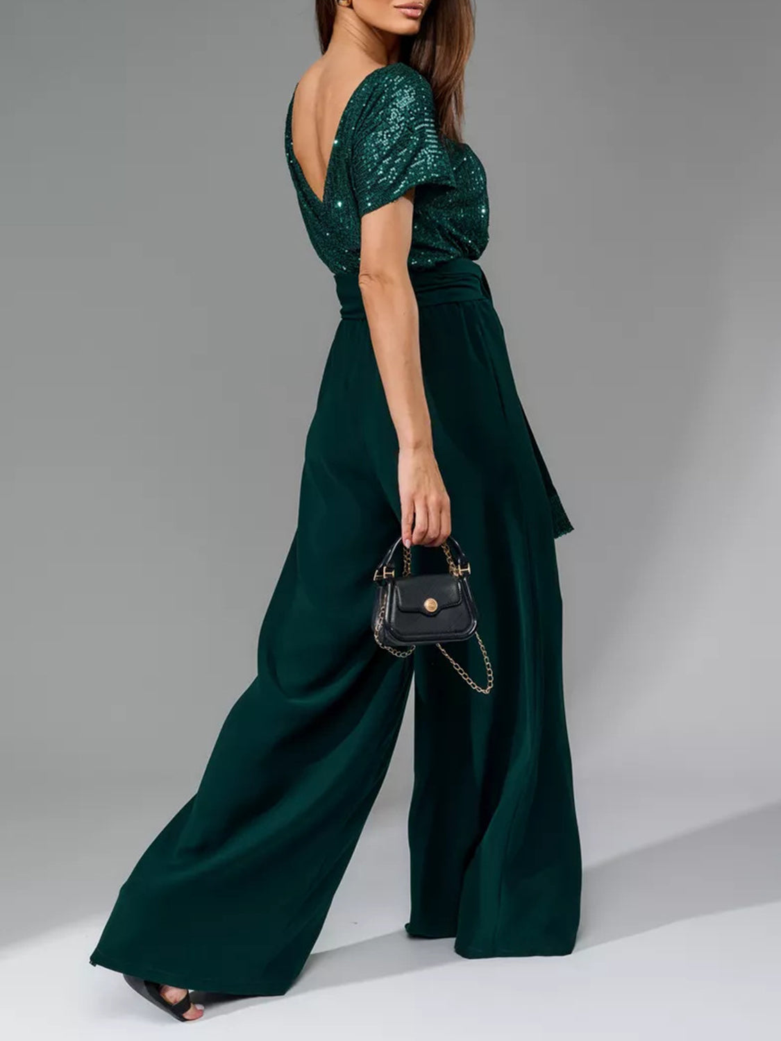 Full Size Sequin Round Neck Short Sleeve Wide Leg Jumpsuit-Angel Casuals