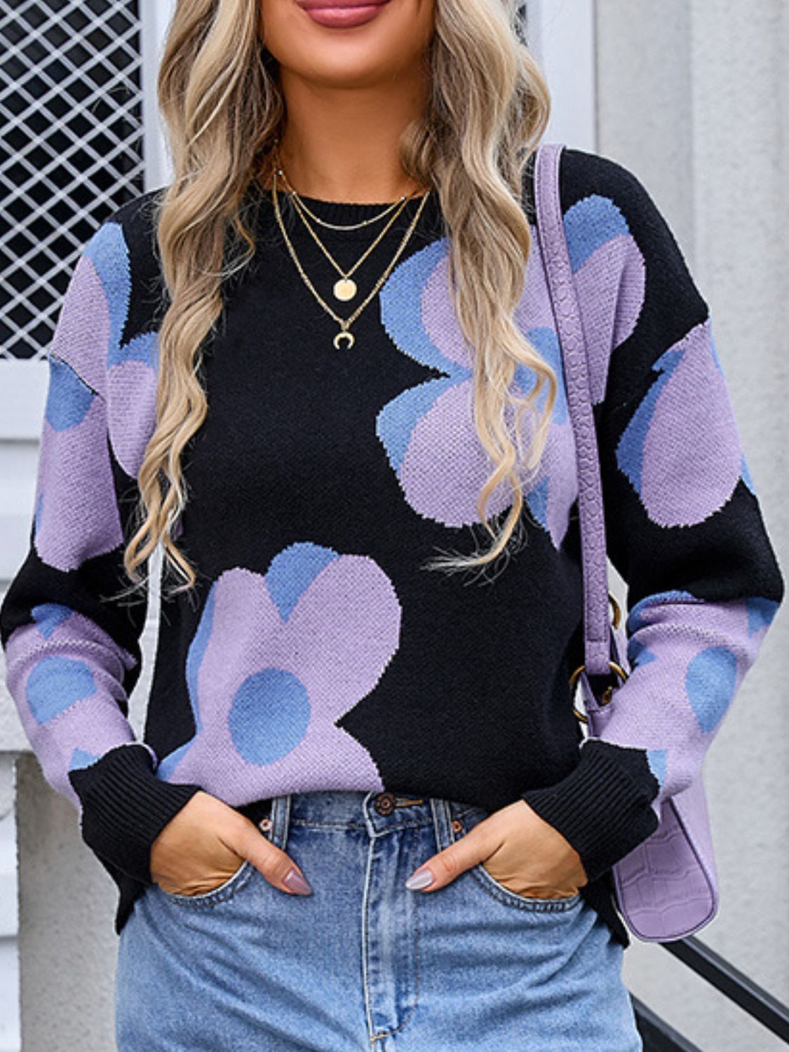 Angel Wings Flower Round Neck Long Sleeve Sweater-Angel Casuals